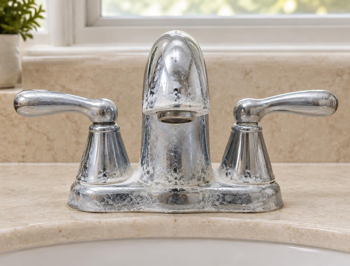 Illustration of a faucet with hard-water scale