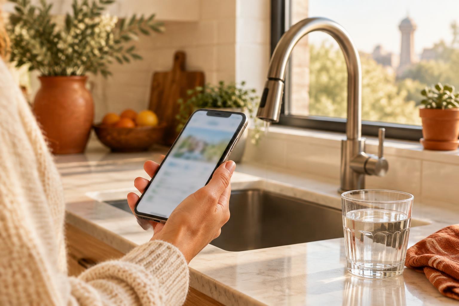 Homeowner using a phone beside clean drinking water